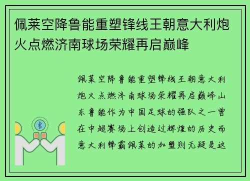 佩莱空降鲁能重塑锋线王朝意大利炮火点燃济南球场荣耀再启巅峰