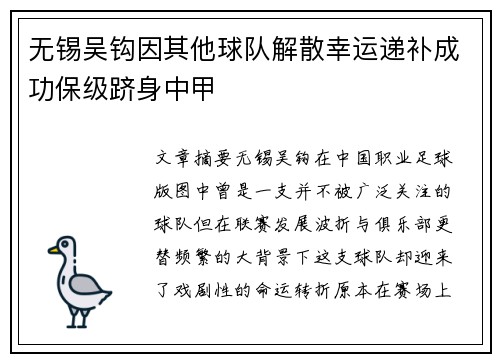 无锡吴钩因其他球队解散幸运递补成功保级跻身中甲 无锡吴钩因其他球队解散幸运递补成功保级跻身中甲